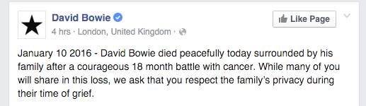 David Bowie Death Annoucement