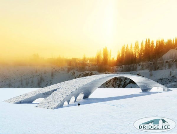 Rendering of Bridge in Ice, the ice bridge inspired by desing by Leonardo Da Vinci.<br>Photo via: Bridge in Ice Facebook.