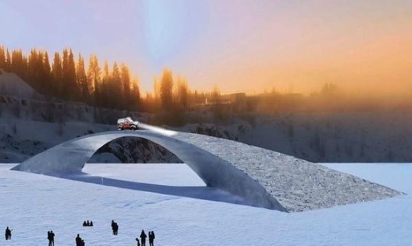Rendering of Bridge in Ice, the ice bridge inspired by desing by Leonardo Da Vinci.Photo via: MNN.