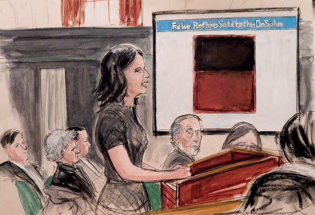 A courtroom sketch of Domenico De Sole's lawyer, Emily Reisbaum, making her opening statement at the Knoedler gallery trial.<br />Photo: Elizabeth Williams, courtesy <a href="http://illustratedcourtroom.blogspot.com/" target="_blank">ILLUSTRATED COURTROOM</a>.
