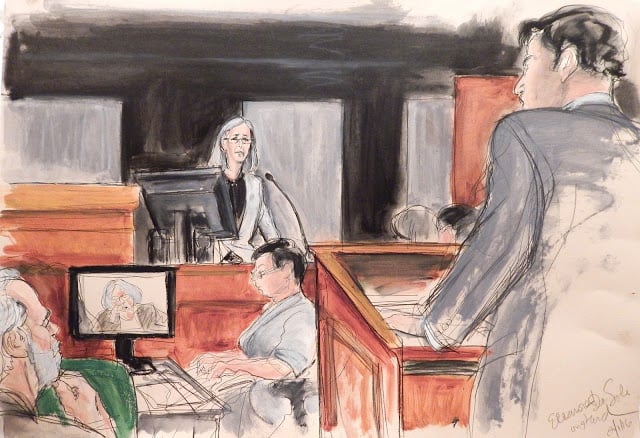 Eleanore De Sole testifying in the Knoedler forgery trial.  Photo: Elizabeth Williams, courtesy ILLUSTRATED COURTROOM.