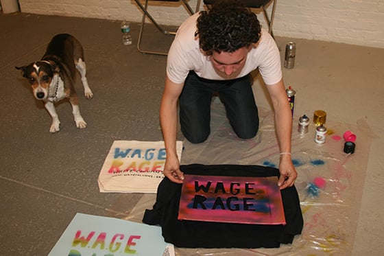 Member of W.A.G.E. (Working Artists in the Greater Economy), at work during "No Soul For Sale" (2009).