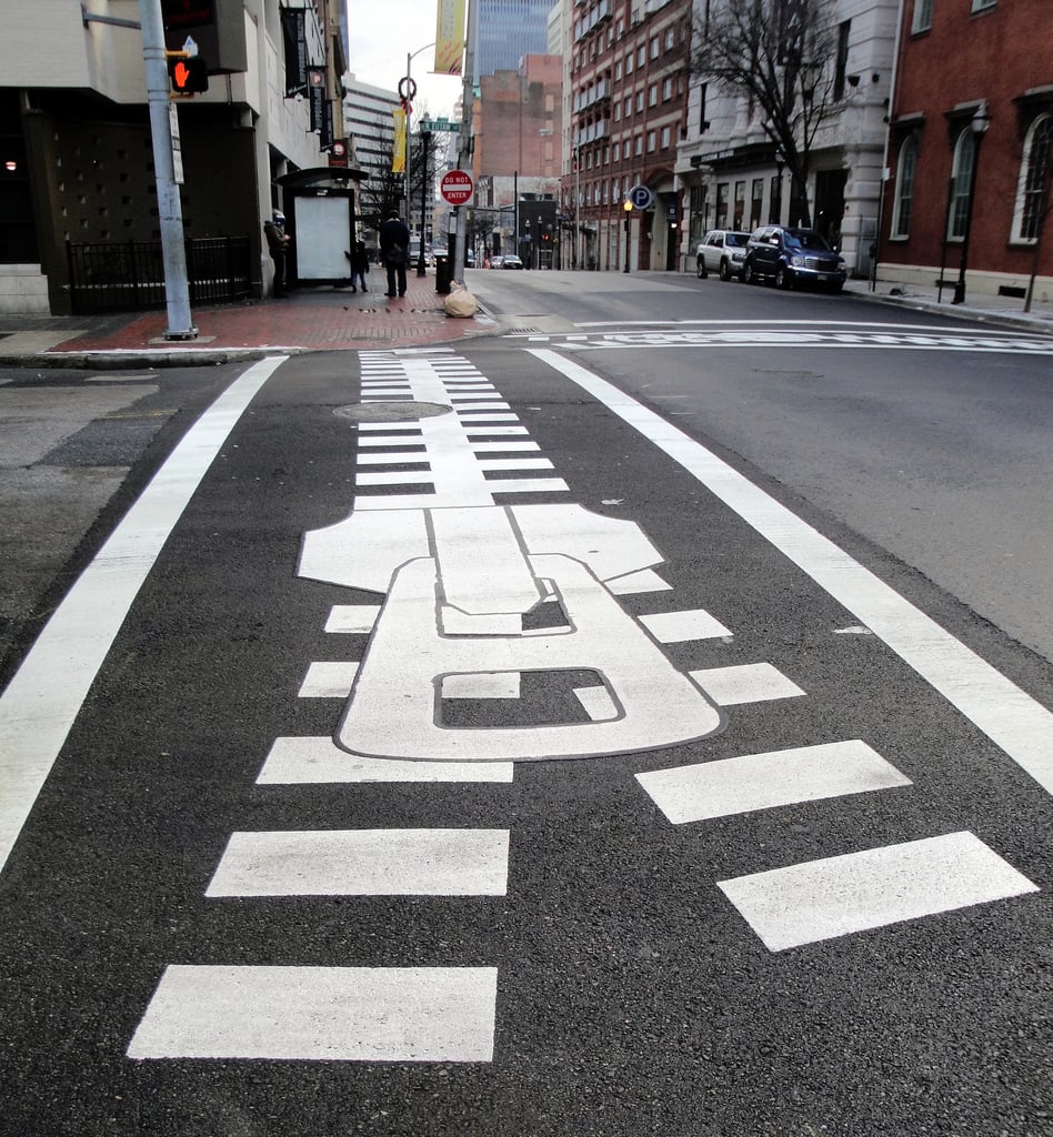 Paul Bertholet, zipper crosswalk (2013), Baltimore. Photo: William Angel, via Flickr. 