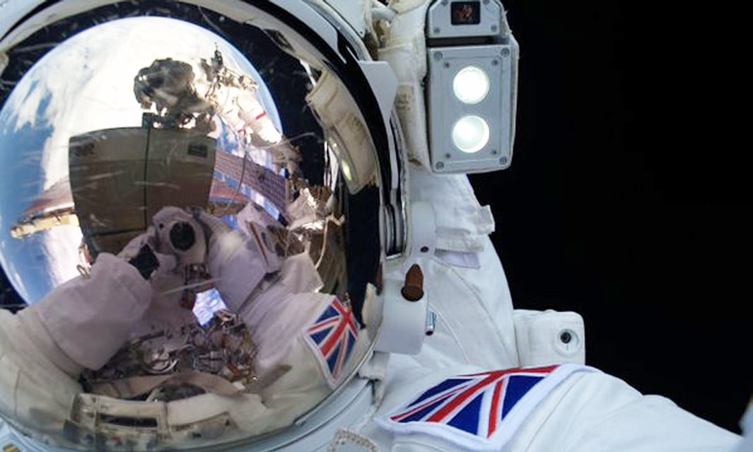Tim Peake takes a selfie during a space walk, the first ever conducted by a British astronaut. Photo: Tim Peake, courtesy ESA/NASA.