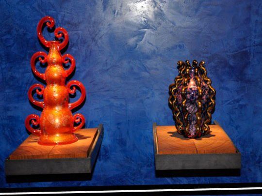 Dale Chihuly, <em>Cobalt and Lavender Piccolo Venetian with Gilded Handles</em> (right), at the Chihuly Collection, Morean Arts Center. Photo: courtesy Dale Chihuly.