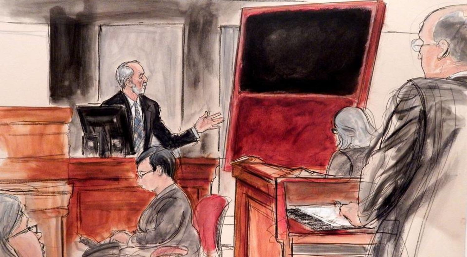 A courtroom sketch of Domenico De Sole on the witness stand with the fake Rothko painting he bought from Knoedler gallery. His case was the only one to go to trial. Photo: Elizabeth Williams, courtesy Illustrated Courtroom.