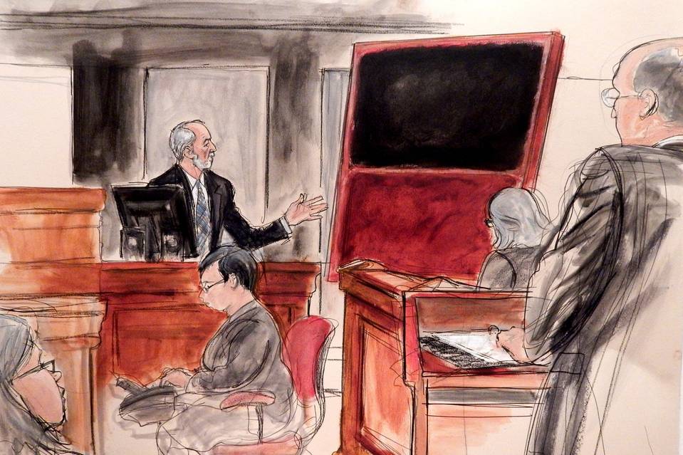 A courtroom sketch of Domenico De Sole on the witness stand with the fake Rothko painting he bought from Knoedler gallery. Photo: Elizabeth Williams, courtesy ILLUSTRATED COURTROOM.