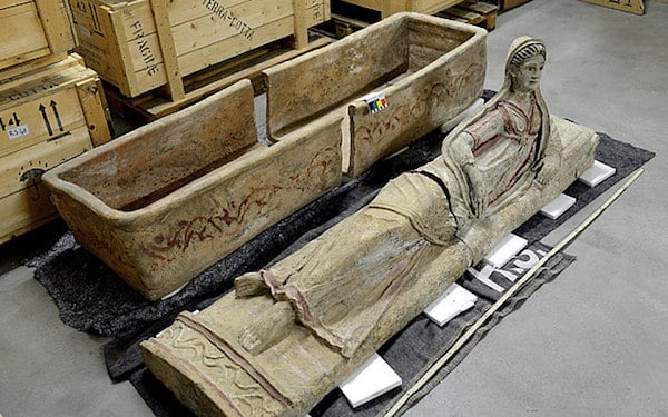 The second Etruscan sarcophagus found in the cache at the Geneva Freeport.Photo: © Ministère Public Genevois.