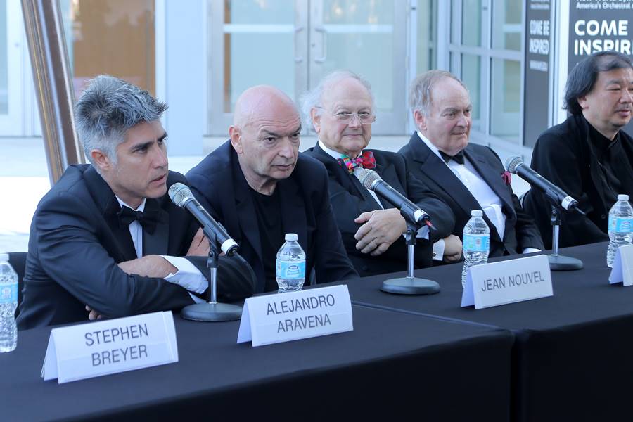 MIAMI BEACH, FL - MAY 15: (L-R) Alejandro Aravena, Jean Nouvel, Glenn Murcutt and Lord Peter Palumbo during Pritzker Architecture Prize 2015 at New World Symphony on May 15, 2015 in Miami Beach, Florida. Photo by John Parra/Getty Images for Pritzker Architecture Prize.
