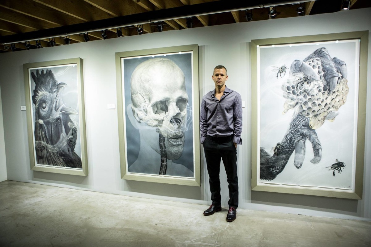 Ian Ingram at the opening reception for "Ash and Oil". Photographed by Stefania Rosini. Works from left to right: Inseparable Thieves (2013); Of Salt and Faith (2013), To Burgle or Borrow (2013)