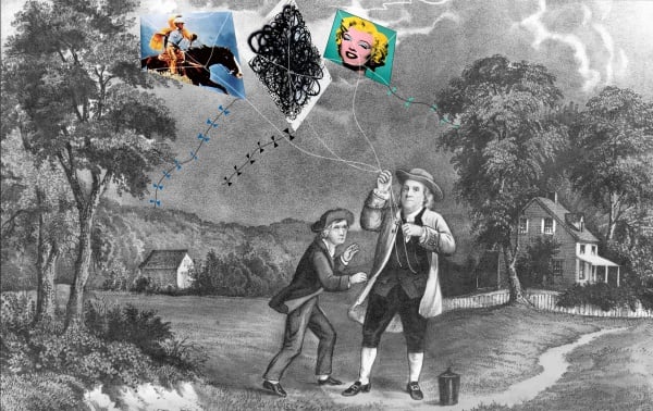 A collage by Kenny Schachter using the image of a Currier and Ives lithograph of Benjamin Franklin and his son William using a kite and key during a storm to prove that lightning was electricity, June 1752. (Photo by Hulton Archive/Getty Images).Image: Courtesy of Kenny Schachter