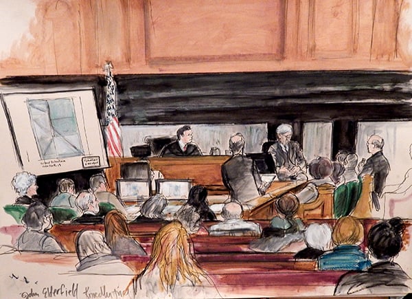 John Elderfield testifying during the Knoedler forgery trial. Photo: Elizabeth Williams, courtesy Illustrated Courtroom.