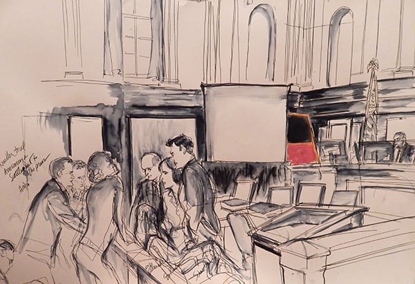 The lawyers confer shortly before settling the Knoedler forgery trial. Photo: Elizabeth Williams, courtesy Illustrated Courtroom.