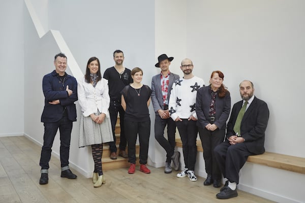 2015 Awards for Artists recipients (from left): Brian Irvine, Karen Mirza and Brad Butler, Emma Hart, Peter Wareham, Adem Ilhan, Tina Keane, and Will Holder.<br>Photo: Emile Holba.