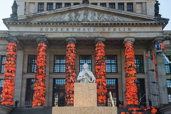 Ai Weiwei's life jacket installation in Berlin. Photo: JOHN MACDOUGALL/AFP/Getty Images