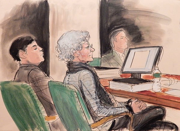 Defendant Ann Freedman and counsel. Image: Elizabeth Williams, courtesy ILLUSTRATED COURTROOM.