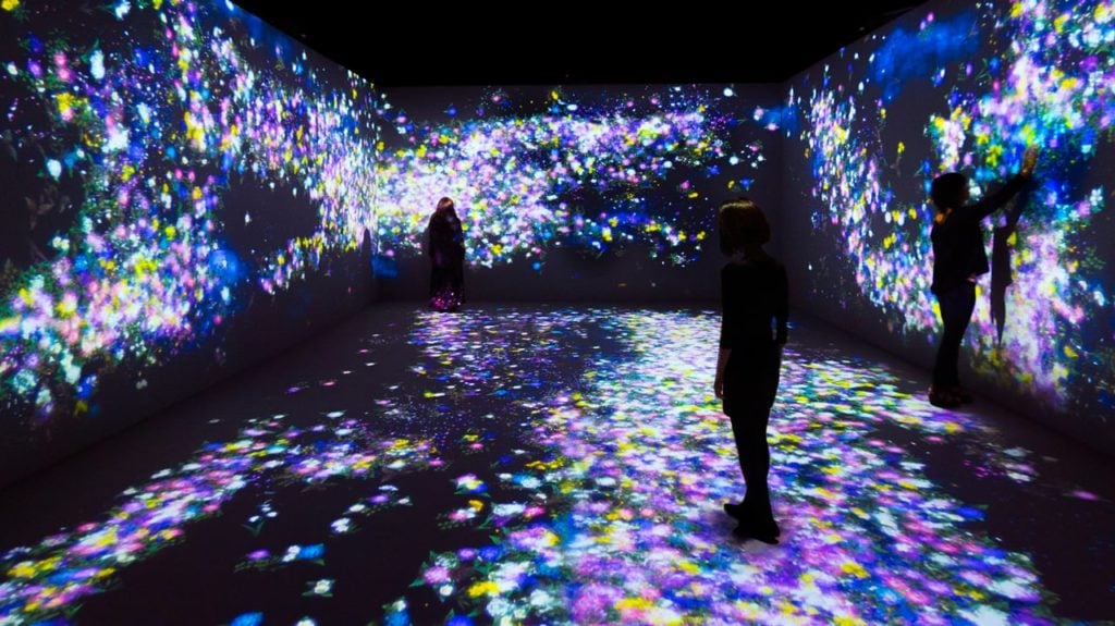 Visitors take their photo in teamLab's Flowers and People, Cannot be Controlled but Live Together–A Whole Year per Hour.
