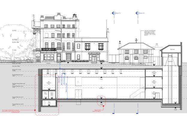 Plans for the refurbishment of Damien Hirst's house in north London, with changes in red. Courtesy of Purcell.