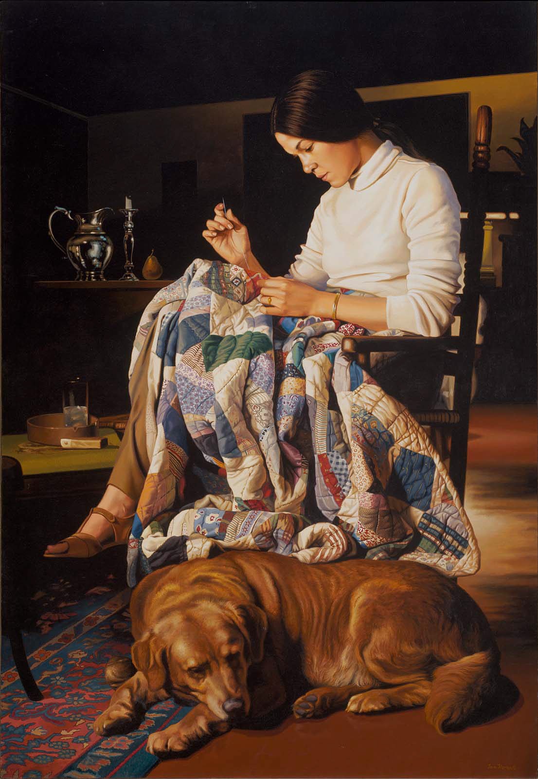 Ian Hornak, <em>Marcia Sewing Variation III</em> (1978). Michigan-based art dealer Eric Ian Spoutz, who stands accused of selling forged paintings, donated this work to the MFA in conjunction with the artist's estate. Photo: courtesy the Museum of Fine Arts, Boston. 