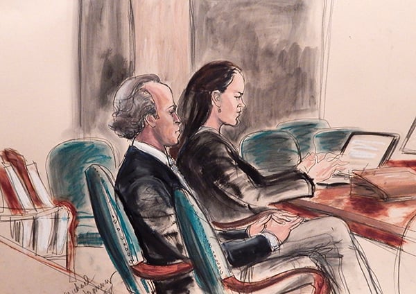 Michael hammer in court during the Knoedler forgery trial. Photo: Elizabeth Williams, courtesy Illustrated Courtroom.