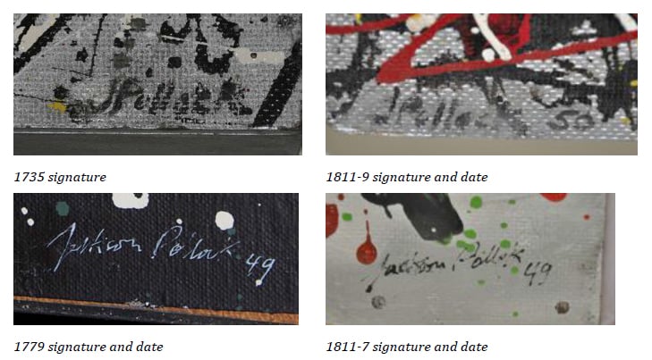 James Martin's expert report shows the signatures from four Knoedler paintings that were purported Jackson Pollocks. The top two signatures are quite similar. The bottom right signature shows signs that the name was first traced onto the canvas using a sharp tool, and is very similar to the signature on the bottom left, which is misspelled "Pollok." Photo: James Martin.