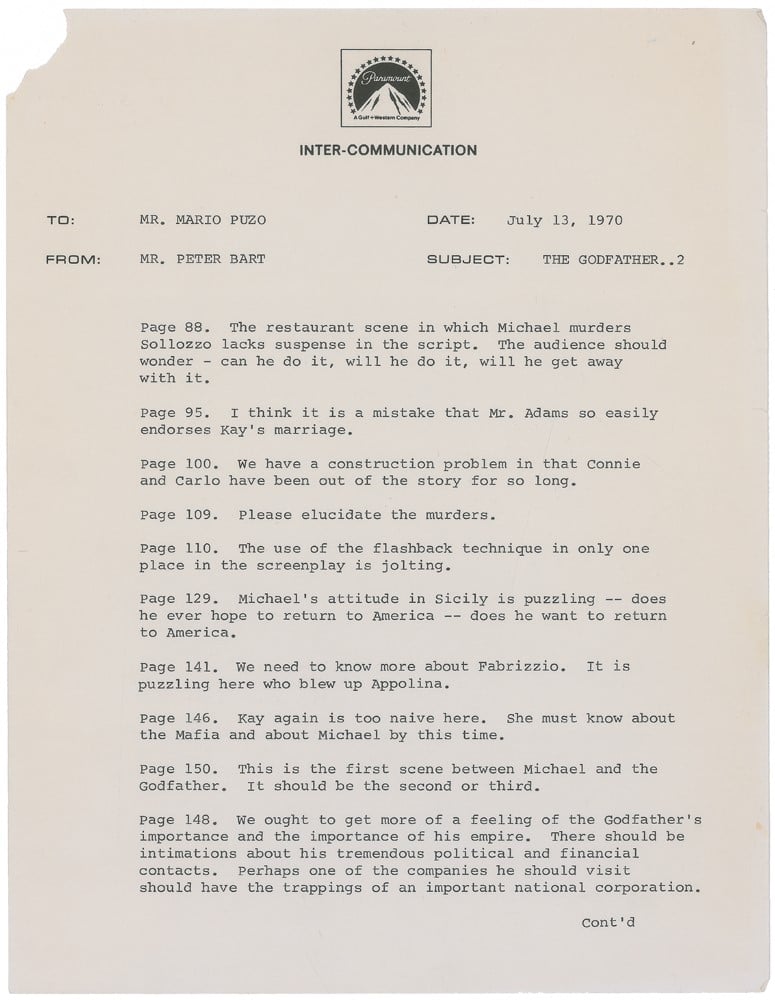 Studio notes on the script for The Godfather from Mario Puzo's archive. Photo: courtesy RR Auction.