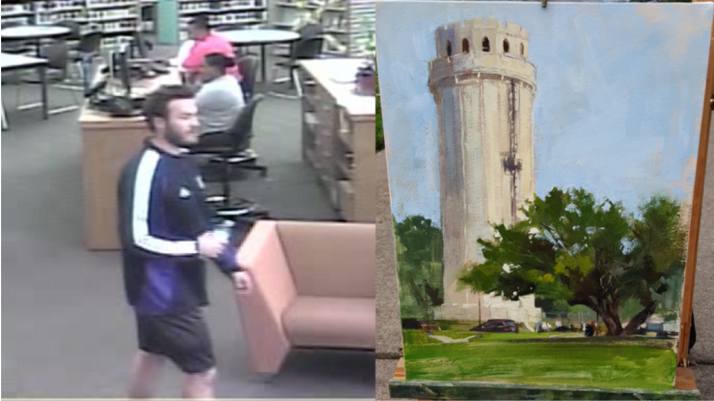 Security footage of the thief and the Patrick Saunders painting he stole. Photo: Kansas City Public Library.