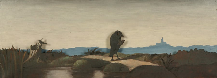 Viktor Pivovarov A bird reading in a landscape (after a picture by Carl Spitzweg), 1998 Oil on wood Courtesy of ART4 Museum 
