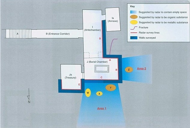 A presentation slide showing the known layout of King Tut's tomb and the suspected site of the secret rooms. <br>Photo: the Egyptian Ministry of Antiquities. 