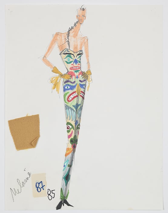 Isaac Mizrahi, sketch for “Totem Pole” gown, fall 1991. Photograph by Richard Goodbody, Jewish Museum, New York
