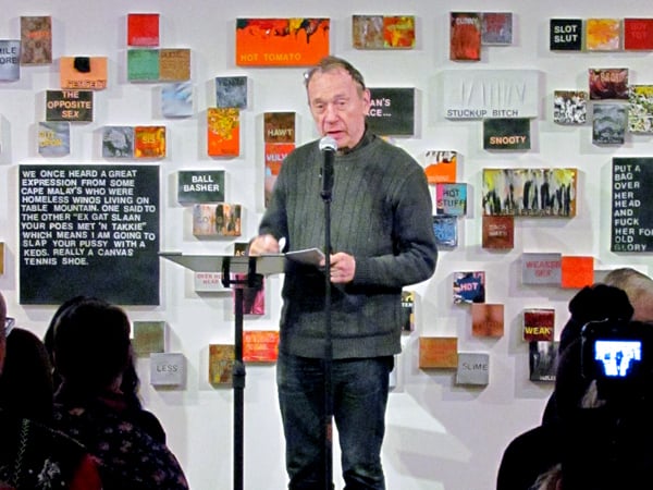 Anthony Haden-Guest performing at "Words on WOMEN," an open mic night at Chelsea's FLAG Art Foundation celebrating Betty Tompkins's exhibition, "WOMEN Words, Phrases, and Stories: 1,000 Paintings." <br>Photo: courtesy FLAG Art Foundation. 