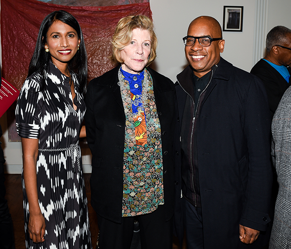 Sukanya Rajaratnam, Agnes Gund and Glenn Ligonat the opening of “David Hammons: Five Decades” at New Yorks Mnuchin Gallery. Photo: Neil Rasmus, BFA.
