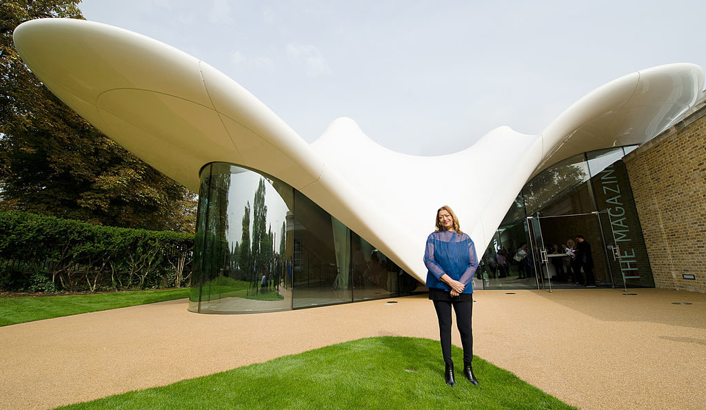 Zaha Hadid poses outside the Serpentine Sackler Gallery in London. Photo: Leon Neal/AFP/Getty Images.