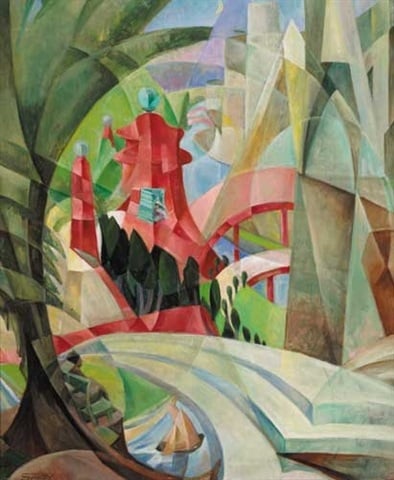 Mary Swanzy, <em>Cubist landscape with red pagoda and bridge</em> (ca. 1926-1928), sold at Whyte's, November 28, 2006 for 180,000 EUR Hammer ($236,885)