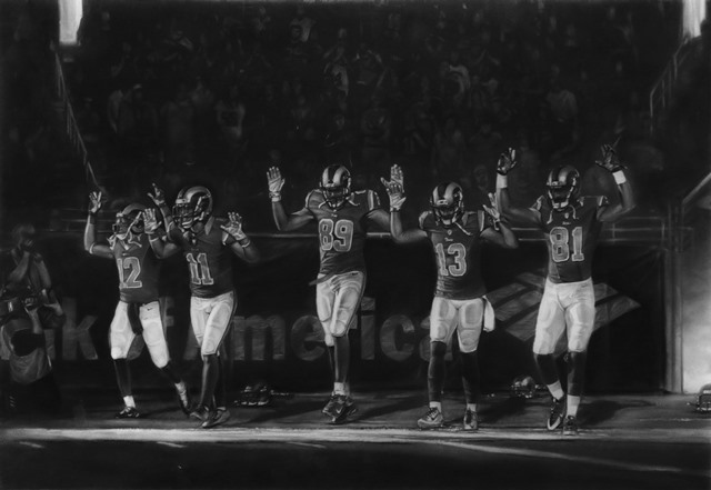 Robert Longo, <i>Full Scale Study for Five Rams (Ferguson/Hands Up/November 30, 2014), 2015.<br>Photo: courtesy the artist and Metro Pictures, New York.