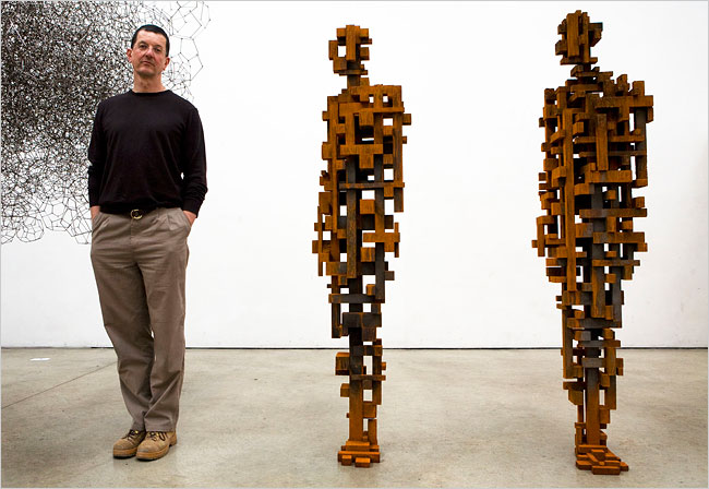 Antony Gormley with works from his “Beamers” series. Courtesy Sean Kelly Gallery.