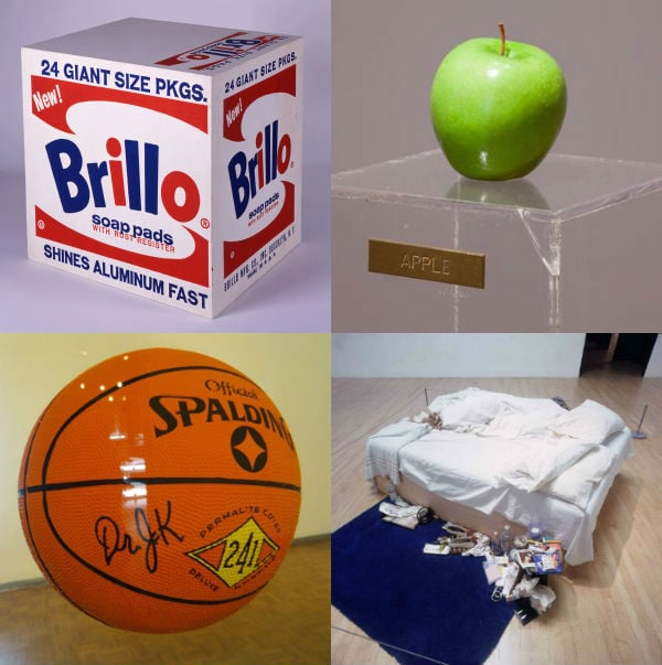 Clockwise from top left: Andy Warhol, Brillo Box (1964); Yoko Ono, Apple (1966); Tracey Emin, My Bed (1998); Jeff Koons, Detail of One Ball Total Equilibrium Tank (Spalding Dr. J Series) (1985)