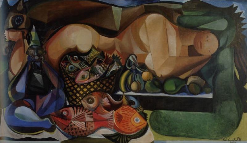 Emiliano di Cavalcanti, Mulher deitada com peixes e frutas (1956)