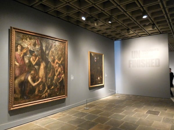 Left to right: Tintoretto’s Doge Alviso Mocenigo, Presented to the Redeemer and Titian’s The Agony in the Garden at the entrance of “Unfinished” at the Met Breuer Image: Ben Davis