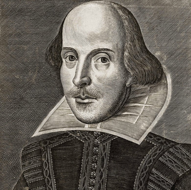 Martin Droeshout, copper engraving portrait of William Shakespeare from the title page of the First Folio of Shakespeare’s plays (1623). One of the earliest portraits of Shakespeare. Photo © GraphicaArtis/Bridgeman Images, courtesy Christie's.