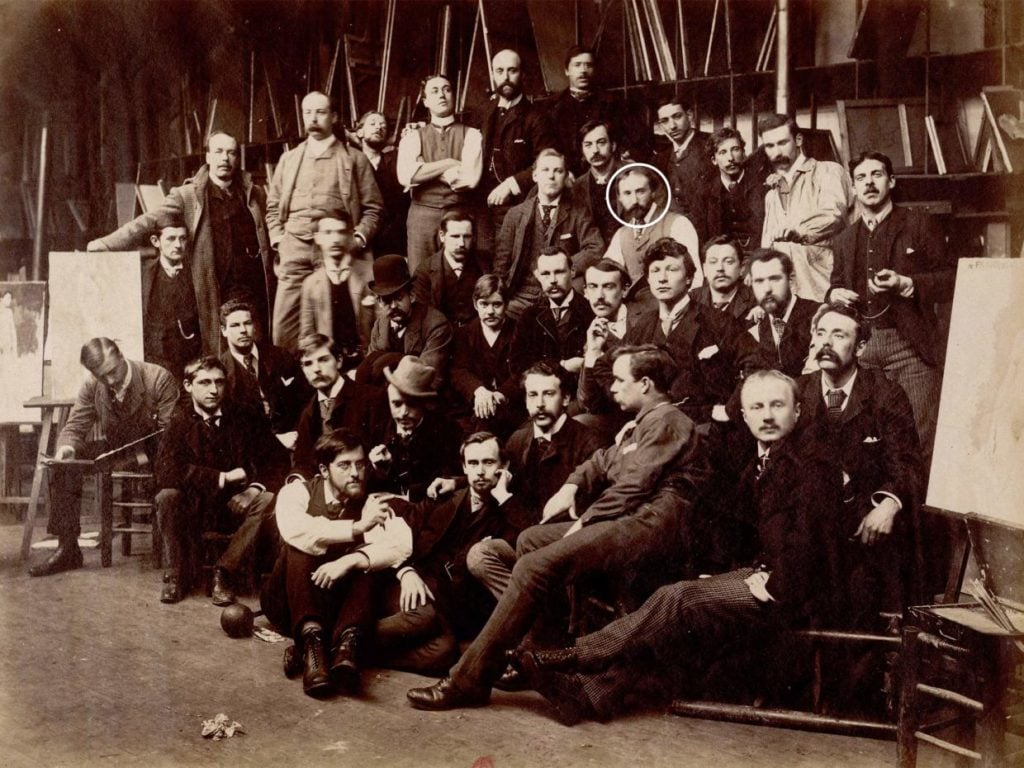 Italian art historian Antonio De Robertis claims to have identified Vincent van Gogh in this Edmond Bénard photo of 34 men posing together at the Académie Julian in Paris in 1888. If authenticated, this would be the first confirmed photo of the artist as an adult. Photo: courtesy the National Institute of Art History in Paris.