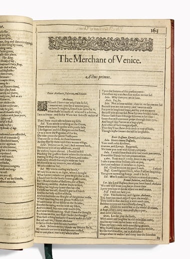 The opening page for William Shakespeare's <em>The Merchant of Venice</e>. <br>Photo: Christie's Images Ltd. 2016.