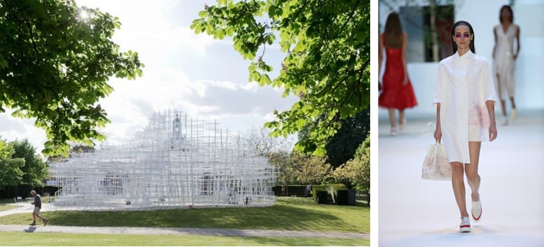 Left: Serpentine Gallery Pavilion, Courtesy of Serpentine Galleries.<br>Right: White Tunic and Bag with Red Embroidery, Courtesy of Akris.