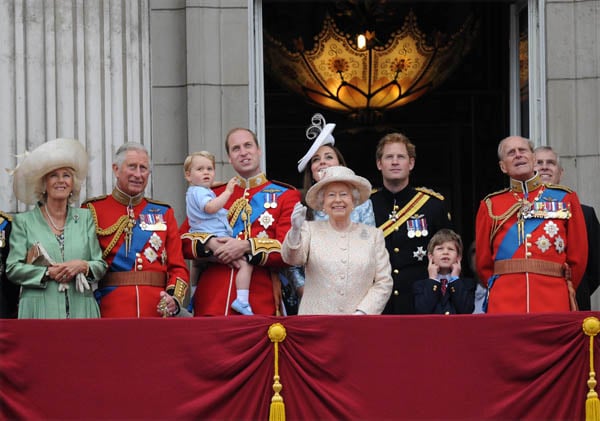 Queen Elizabeth II is joined by the Prince of Wales and Duchess of Cornwall and Duke and Duchess of Cambridge and Prince George, Prince Harry, James Viscount Severn, and the Duke of Edinburgh at Trooping the Colour 2015. <br>Photo: Mark Stewart. 