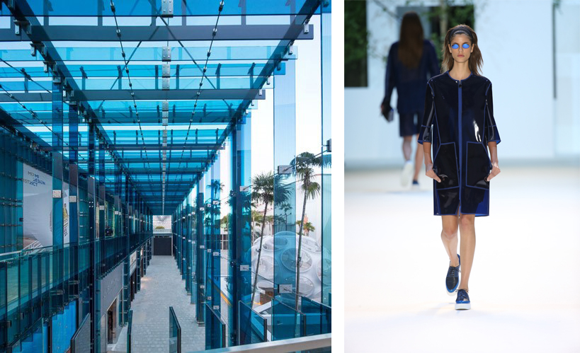 Left: Palm Court, Courtesy of Dezeen.<br>Right: Glass Vinyl Coat and Tulle Tunic, Courtesy of Akris.