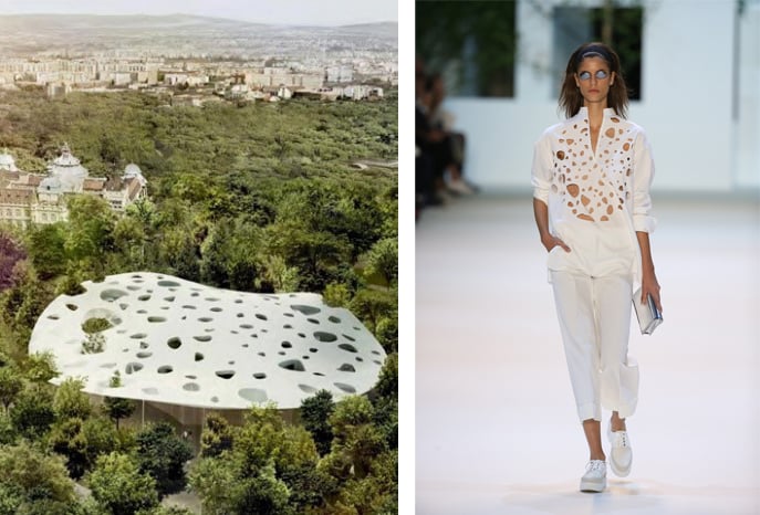 Left: House of Hungarian Music, Courtesy of Dezeen.<br />Right: Forest of Music print embroidery blouse and cropped pants, Courtesy of Akris.