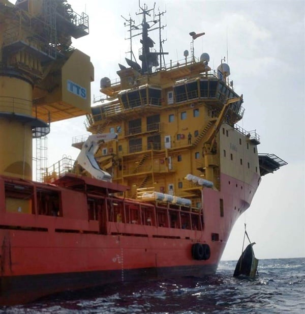 Multi Purpose Supply Vessel Edda Fjord, while enroute to Norway, discovered a capsized small craft approximately 100 miles off the coast of Bermuda. The boat was subsequently confirmed to be the boat that belonged to Austin Stephanos. Image: Courtesy of Florida Fish and Wildlife Conservation Commission