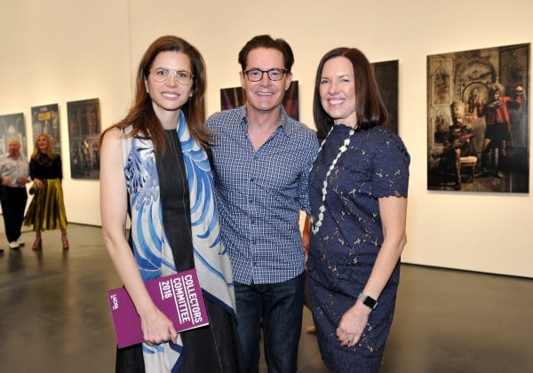 "LOS ANGELES, CA - APRIL 16: (L-R) Desiree Gruber, Kyle MacLachlan, and Collectors Committee Chair Ann Colgin attend LACMA 2016 Collectors Committee Breakfast and Curator Presentations on April 16, 2016 in Los Angeles, California. (Photo by Donato Sardella/Getty Images for LACMA)"
