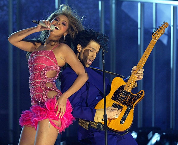 Prince and Beyonce perform at the 46th Annual Grammy Awards in 2004. Photo: Timothy A. Clary/AFP/Getty Images.