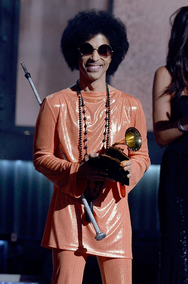 Recording artist Prince speaks onstage during the 2015 Grammy Awards in Los Angeles, California. <br>Photo: Kevork Djansezian/Getty Images.